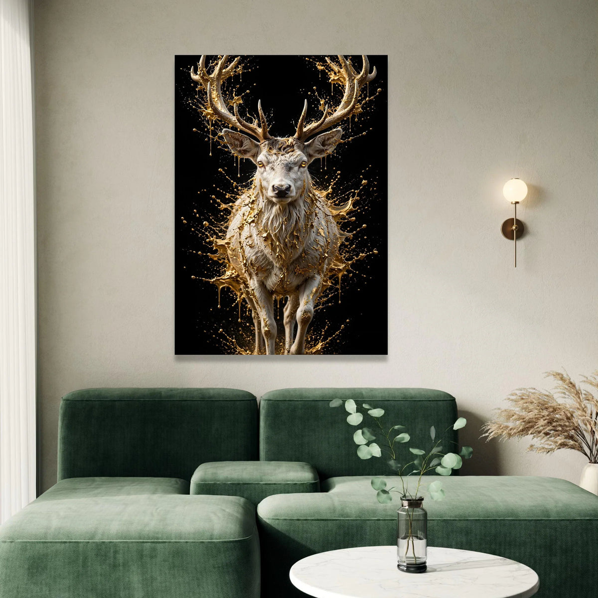 Majestic White Deer Canvas Wall Art, Golden Splash Design, Animal Nature Canvas, Modern Wildlife Decoration, Living Room Canvas Print Art