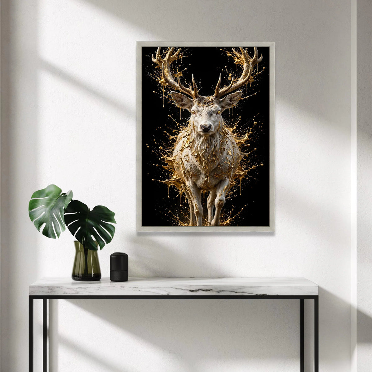 Majestic White Deer Canvas Wall Art, Golden Splash Design, Animal Nature Canvas, Modern Wildlife Decoration, Living Room Canvas Print Art
