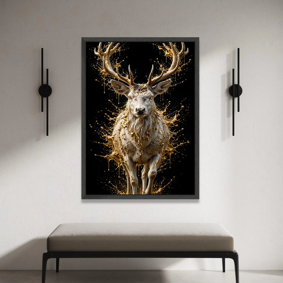 Majestic White Deer Canvas Wall Art, Golden Splash Design, Animal Nature Canvas, Modern Wildlife Decoration, Living Room Canvas Print Art