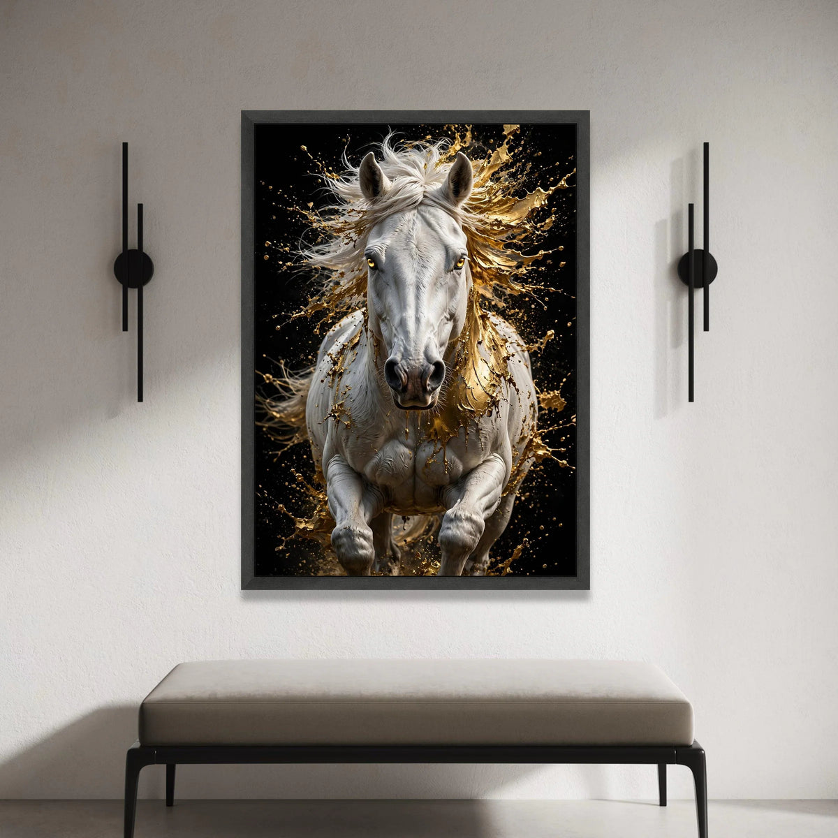 Dynamic White Horse Canvas Wall Art, Golden Splash Effect, Abstract Equine Decor, Modern Animal Artwork, Ready to Hang Home Canvas Print Art