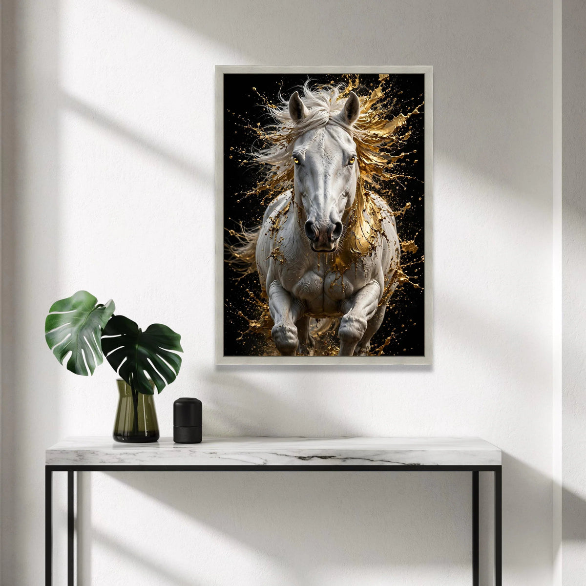 Dynamic White Horse Canvas Wall Art, Golden Splash Effect, Abstract Equine Decor, Modern Animal Artwork, Ready to Hang Home Canvas Print Art
