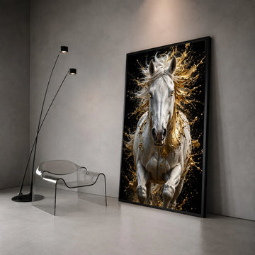 Dynamic White Horse Canvas Wall Art, Golden Splash Effect, Abstract Equine Decor, Modern Animal Artwork, Ready to Hang Home Canvas Print Art