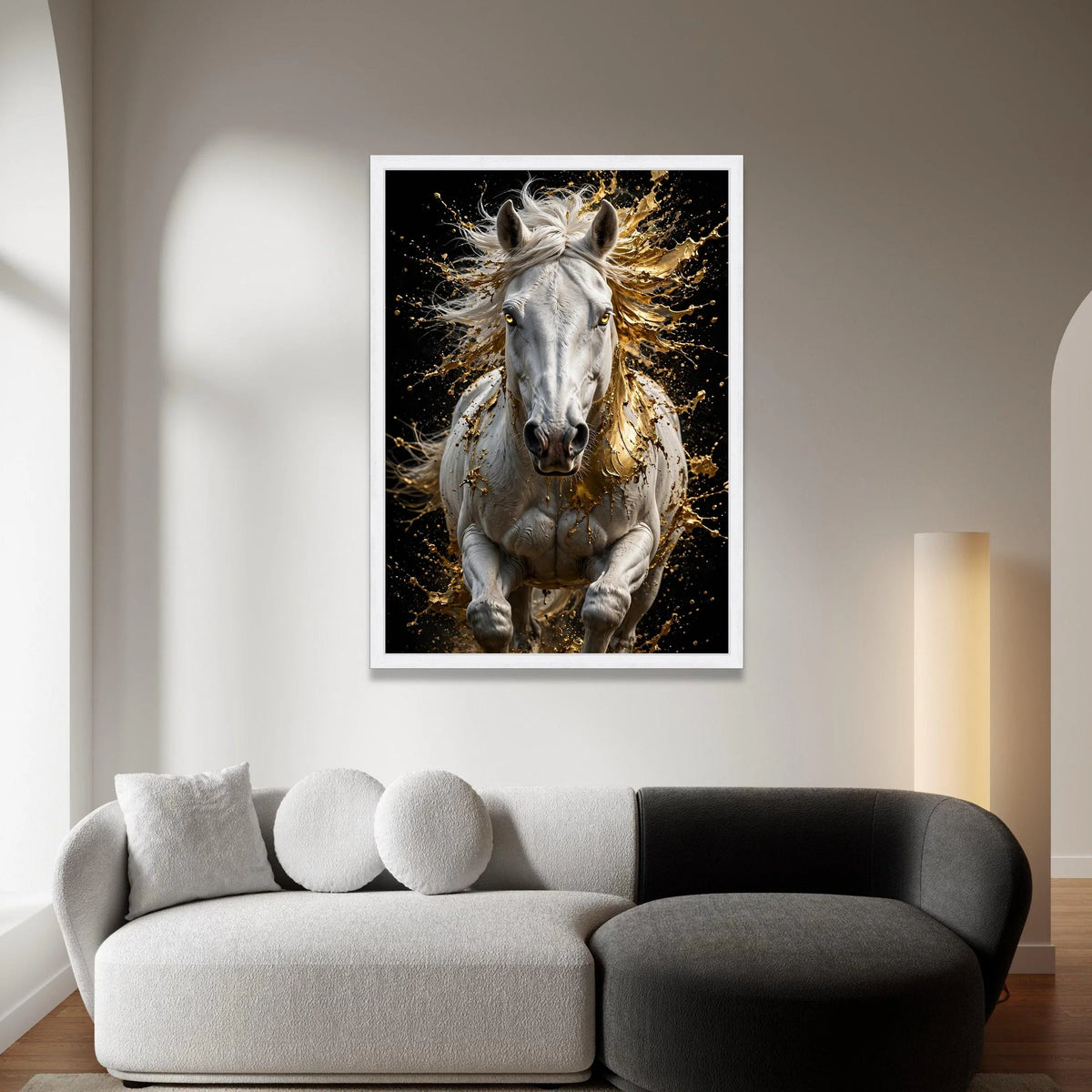 Dynamic White Horse Canvas Wall Art, Golden Splash Effect, Abstract Equine Decor, Modern Animal Artwork, Ready to Hang Home Canvas Print Art