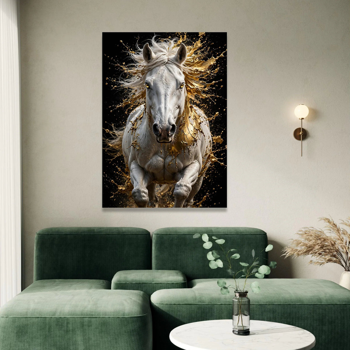 Dynamic White Horse Canvas Wall Art, Golden Splash Effect, Abstract Equine Decor, Modern Animal Artwork, Ready to Hang Home Canvas Print Art