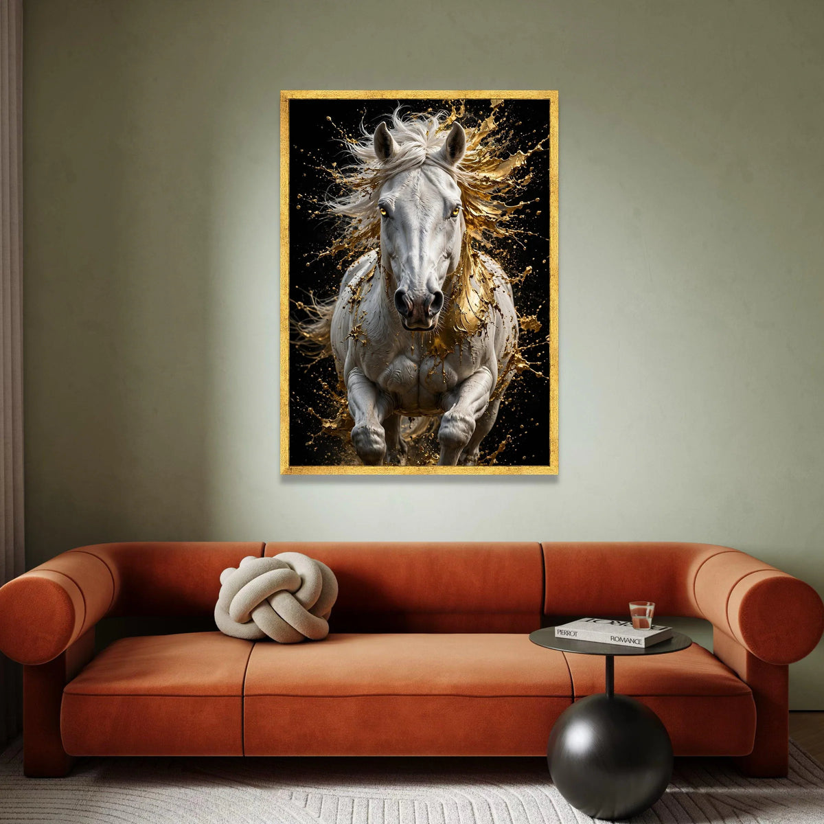 Dynamic White Horse Canvas Wall Art, Golden Splash Effect, Abstract Equine Decor, Modern Animal Artwork, Ready to Hang Home Canvas Print Art