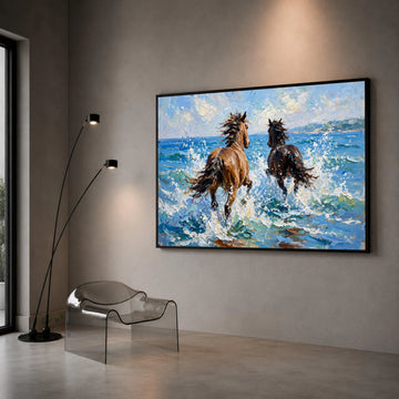 Wild Horses Running on Seashore Canvas, Ocean Waves Wall Art, Coastal Animal Canvas, Dynamic Nature Canvas, Beach Scene Canvas Print Art