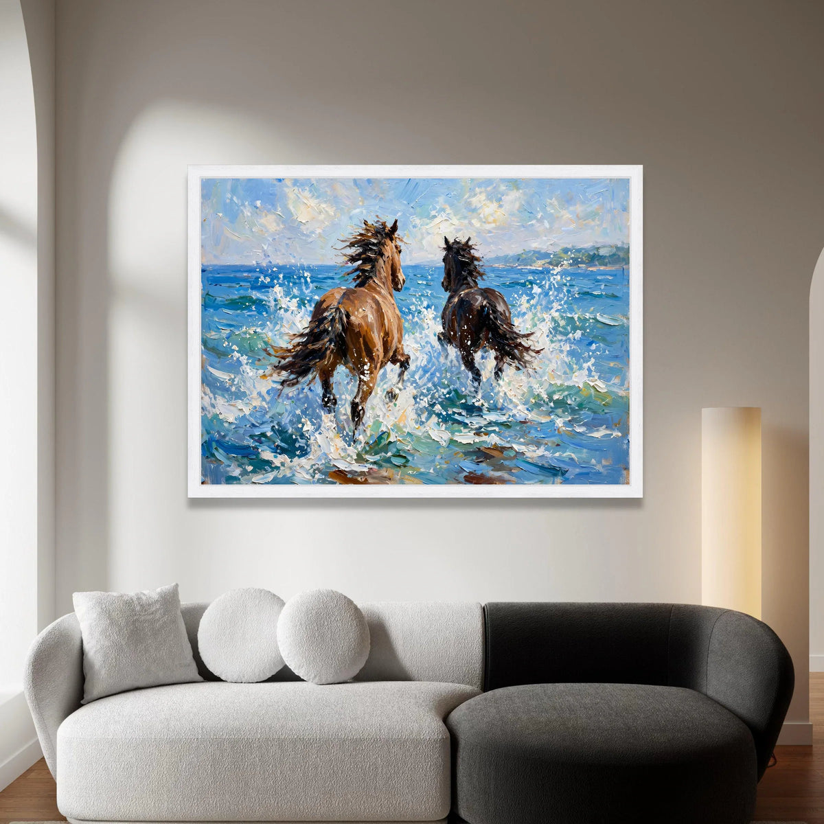 Wild Horses Running on Seashore Canvas, Ocean Waves Wall Art, Coastal Animal Canvas, Dynamic Nature Canvas, Beach Scene Canvas Print Art