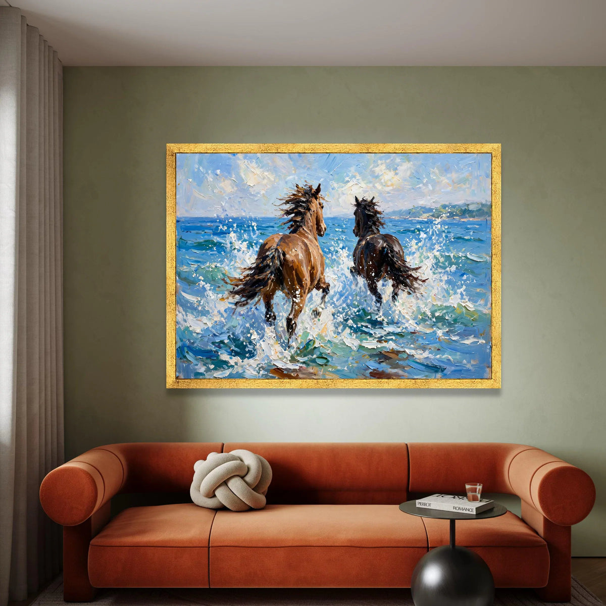 Wild Horses Running on Seashore Canvas, Ocean Waves Wall Art, Coastal Animal Canvas, Dynamic Nature Canvas, Beach Scene Canvas Print Art