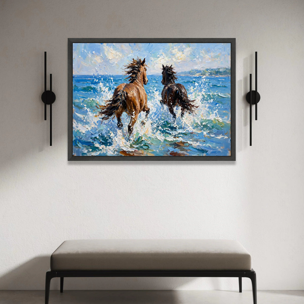 Wild Horses Running on Seashore Canvas, Ocean Waves Wall Art, Coastal Animal Canvas, Dynamic Nature Canvas, Beach Scene Canvas Print Art