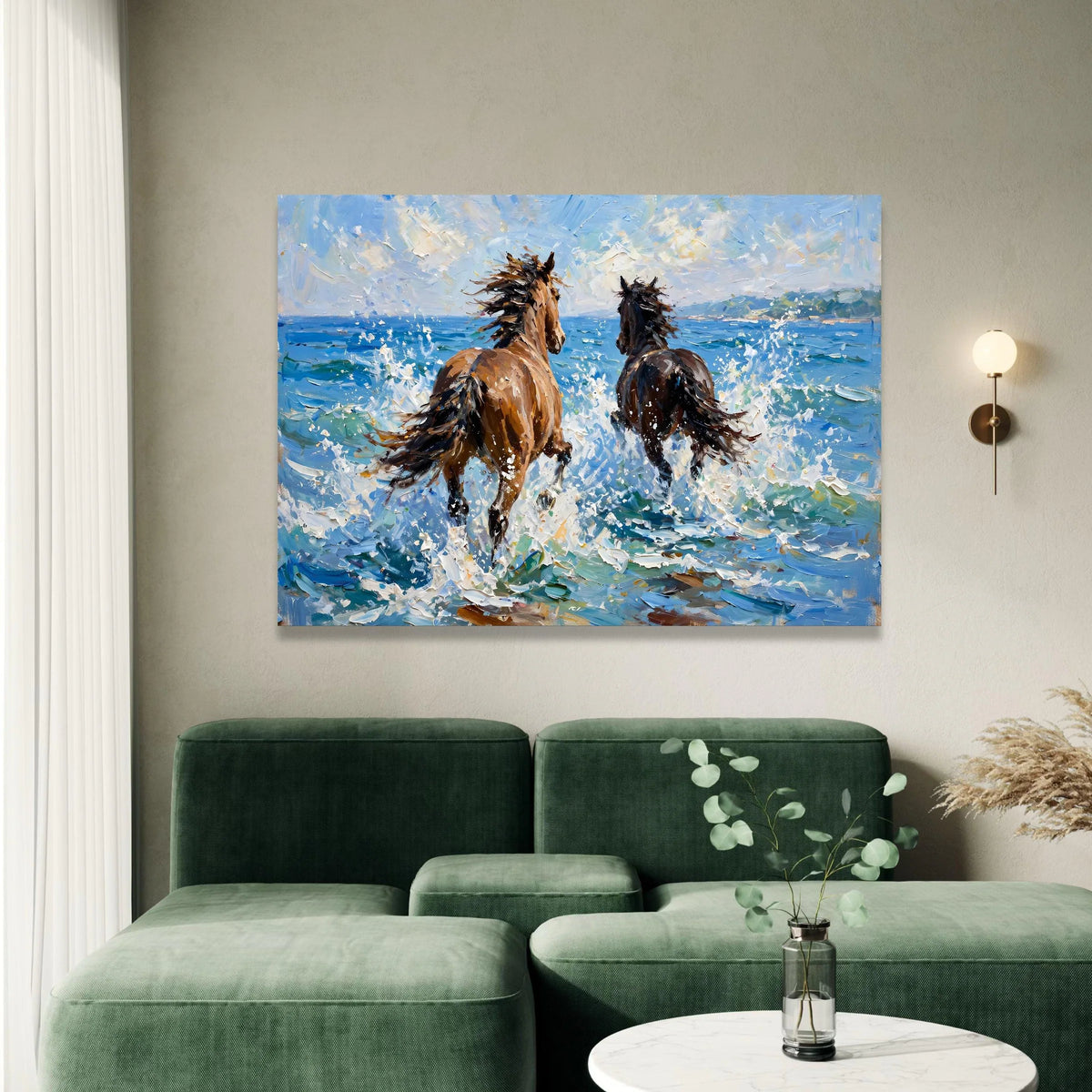 Wild Horses Running on Seashore Canvas, Ocean Waves Wall Art, Coastal Animal Canvas, Dynamic Nature Canvas, Beach Scene Canvas Print Art