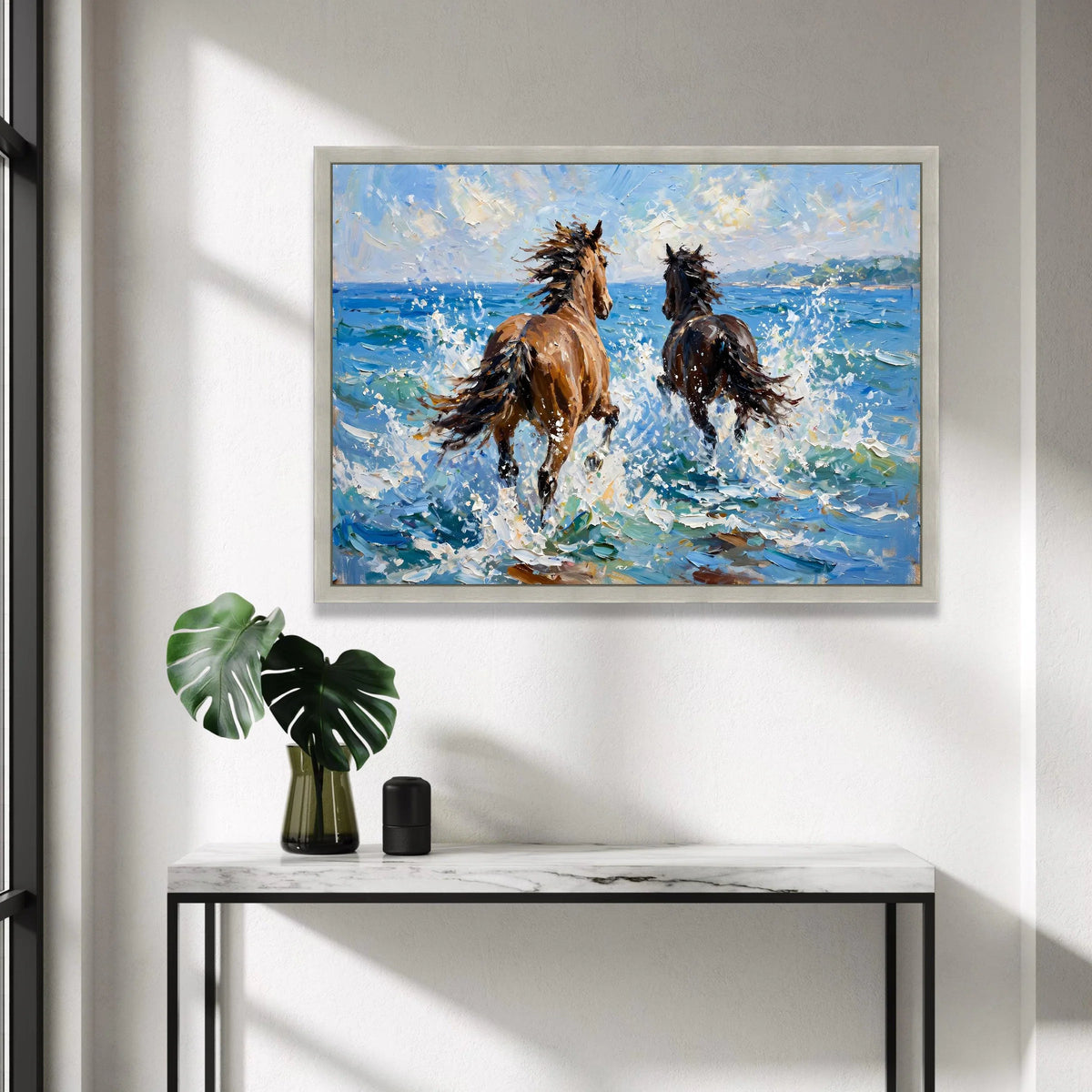 Wild Horses Running on Seashore Canvas, Ocean Waves Wall Art, Coastal Animal Canvas, Dynamic Nature Canvas, Beach Scene Canvas Print Art