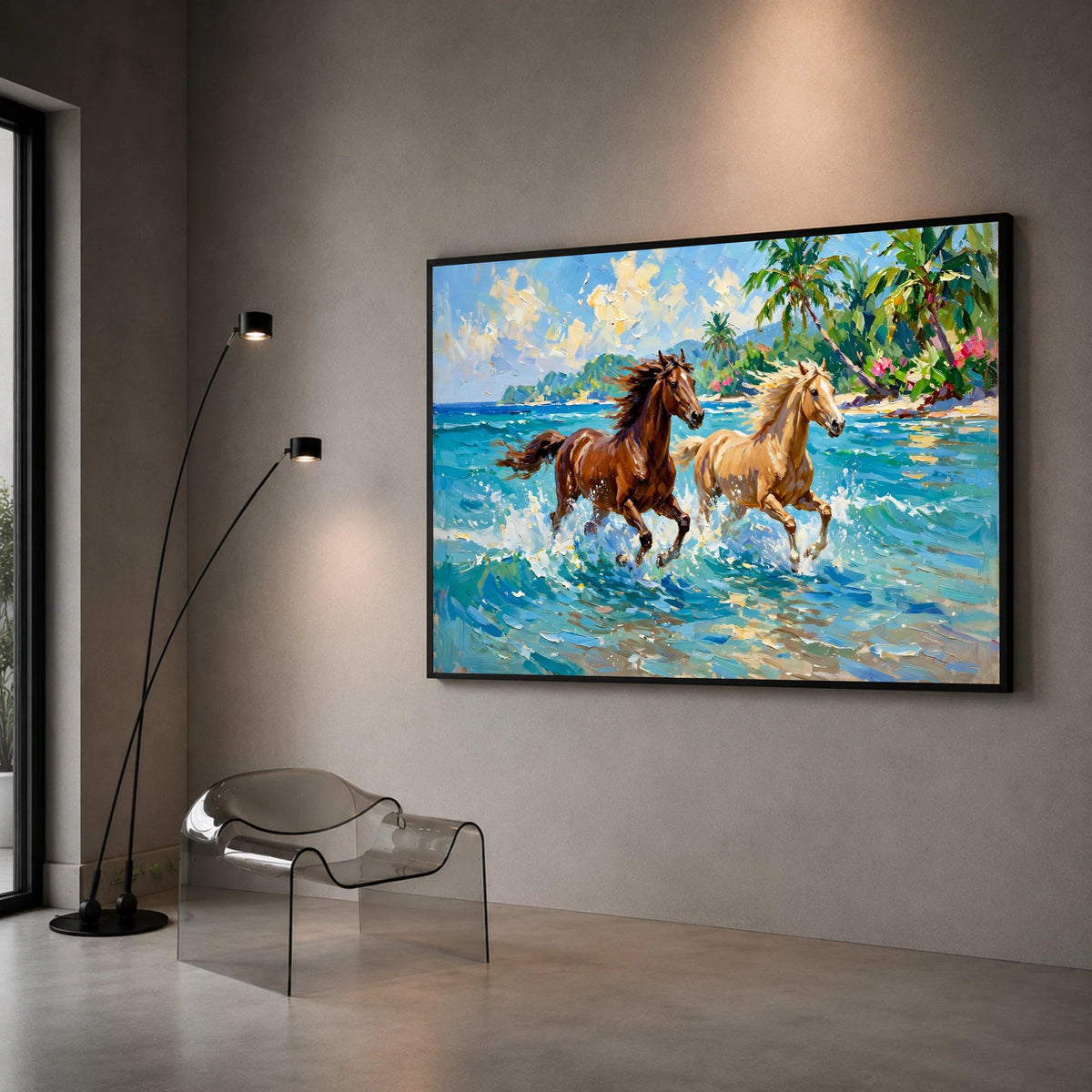 Running Horses on Tropical Beach Canvas, Seaside Landscape Wall Art, Ocean Waves and Palm Trees Canvas, Coastal Home Canvas Print Art