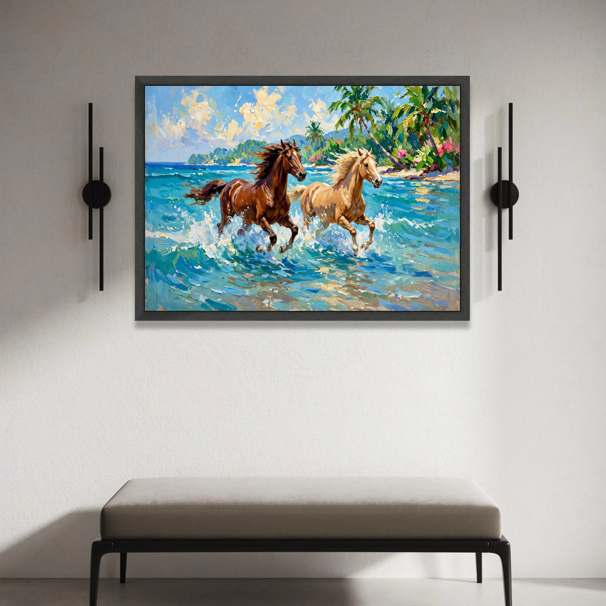 Running Horses on Tropical Beach Canvas, Seaside Landscape Wall Art, Ocean Waves and Palm Trees Canvas, Coastal Home Canvas Print Art