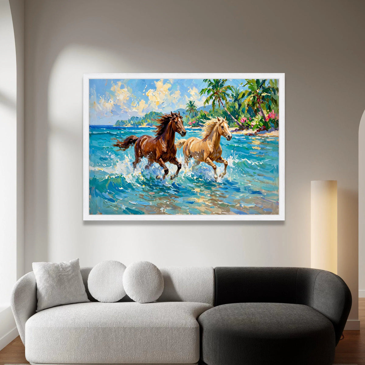Running Horses on Tropical Beach Canvas, Seaside Landscape Wall Art, Ocean Waves and Palm Trees Canvas, Coastal Home Canvas Print Art