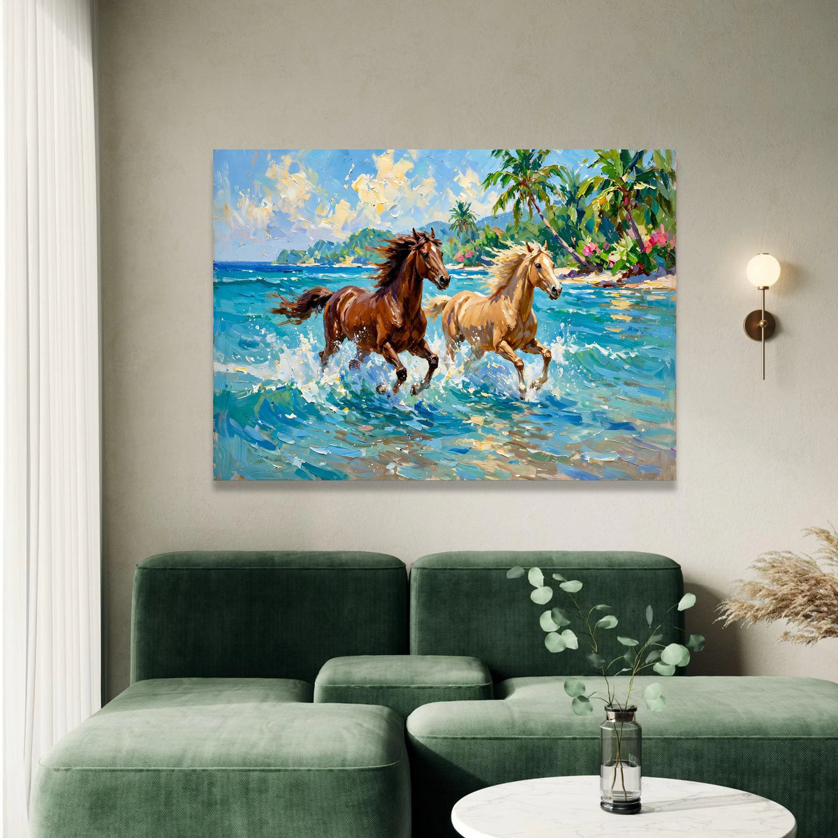 Running Horses on Tropical Beach Canvas, Seaside Landscape Wall Art, Ocean Waves and Palm Trees Canvas, Coastal Home Canvas Print Art