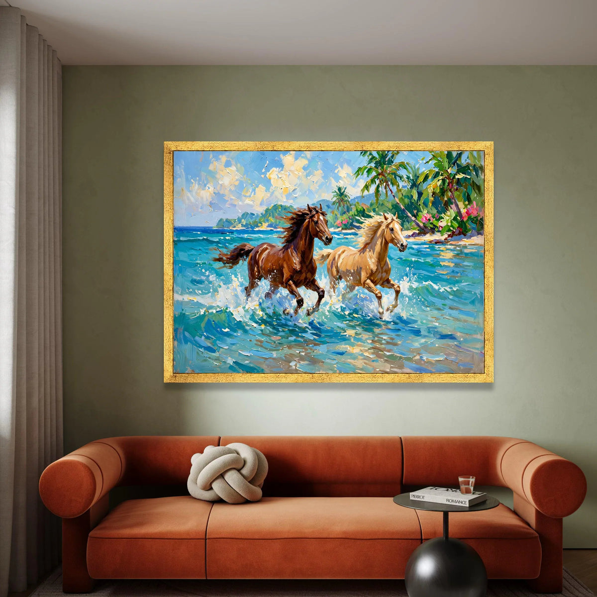 Running Horses on Tropical Beach Canvas, Seaside Landscape Wall Art, Ocean Waves and Palm Trees Canvas, Coastal Home Canvas Print Art
