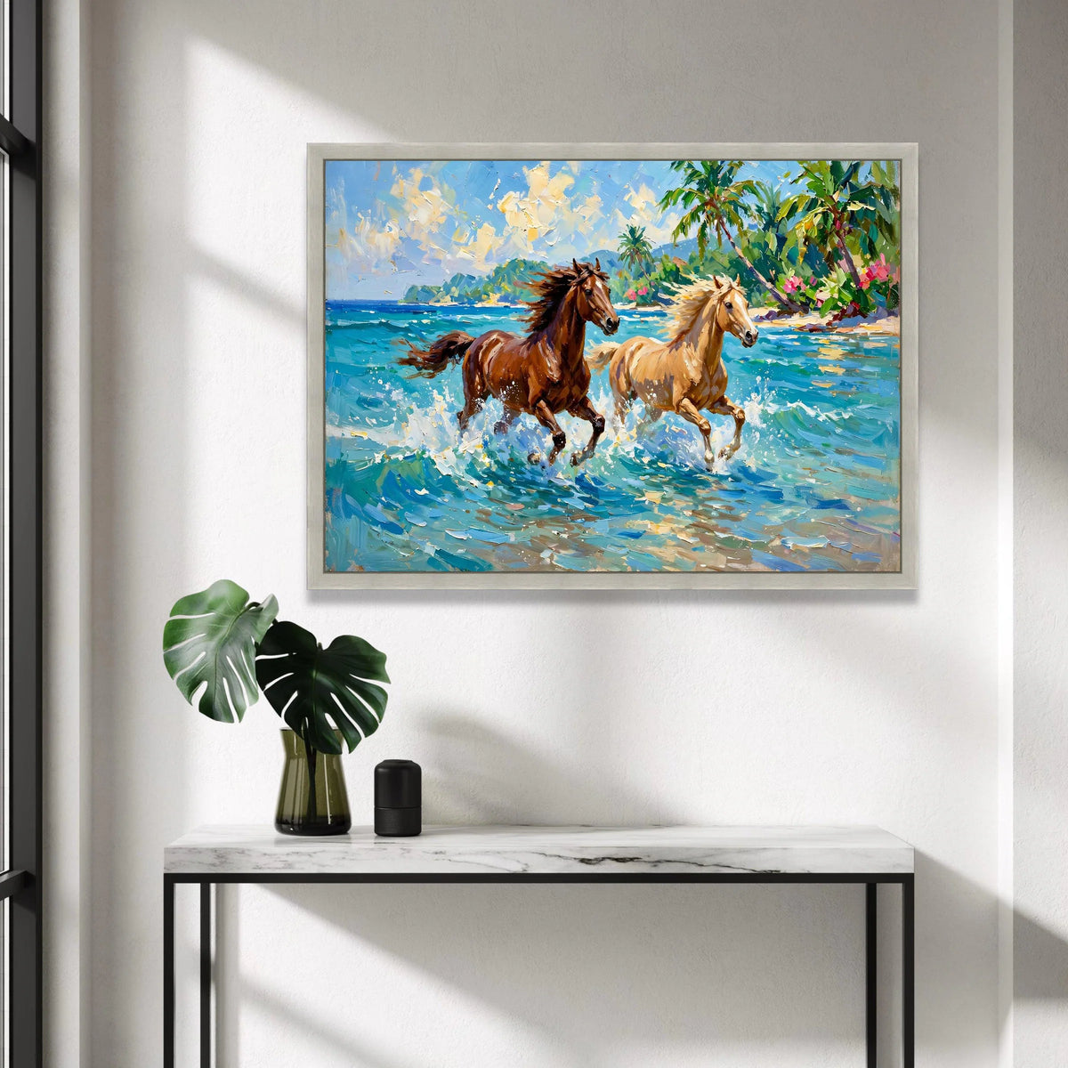Running Horses on Tropical Beach Canvas, Seaside Landscape Wall Art, Ocean Waves and Palm Trees Canvas, Coastal Home Canvas Print Art