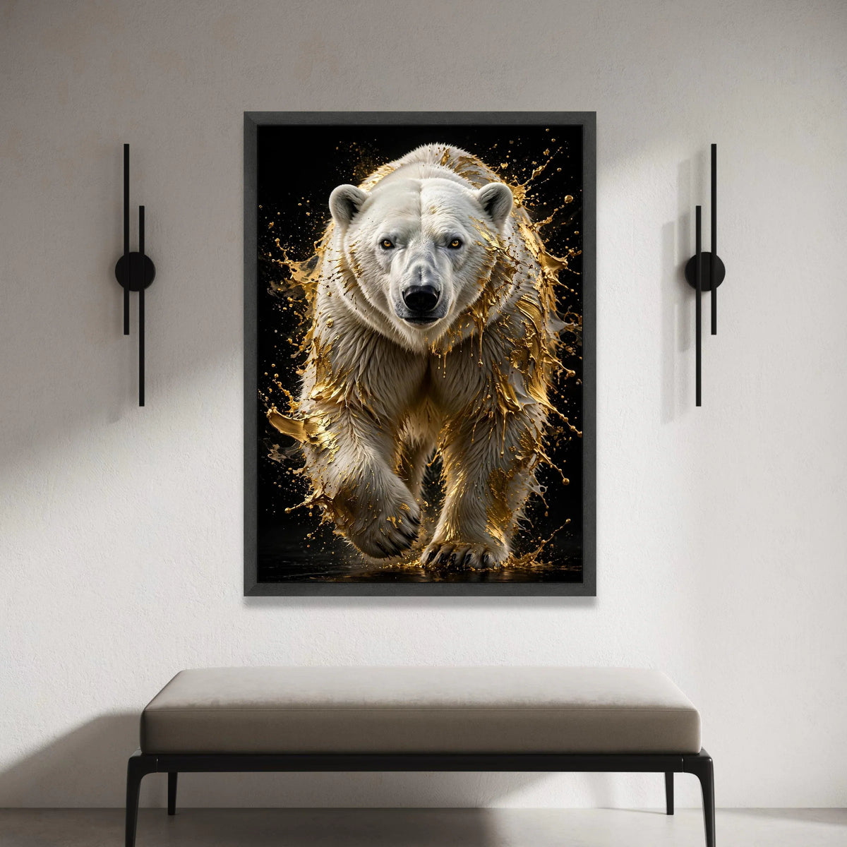 Majestic Polar Bear Canvas, Golden Splash Effect Wall Art, Wildlife Animal Portrait, Modern Home Decoration, Bold Nature Canvas Print Art