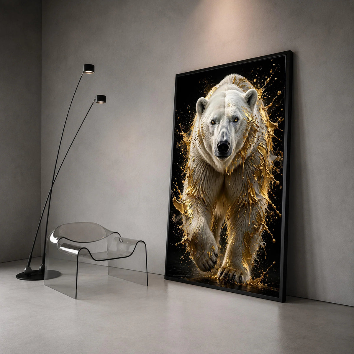Majestic Polar Bear Canvas, Golden Splash Effect Wall Art, Wildlife Animal Portrait, Modern Home Decoration, Bold Nature Canvas Print Art