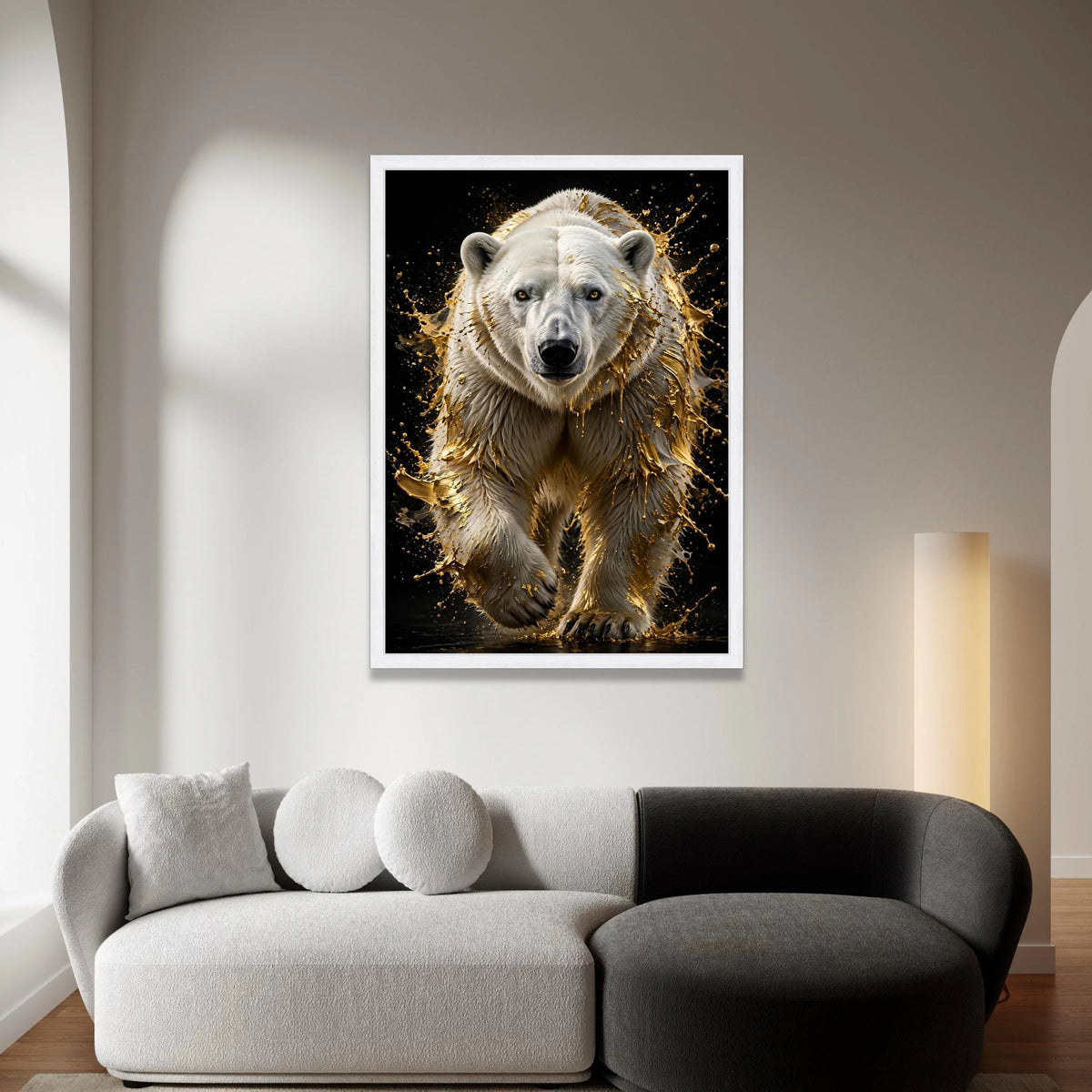 Majestic Polar Bear Canvas, Golden Splash Effect Wall Art, Wildlife Animal Portrait, Modern Home Decoration, Bold Nature Canvas Print Art