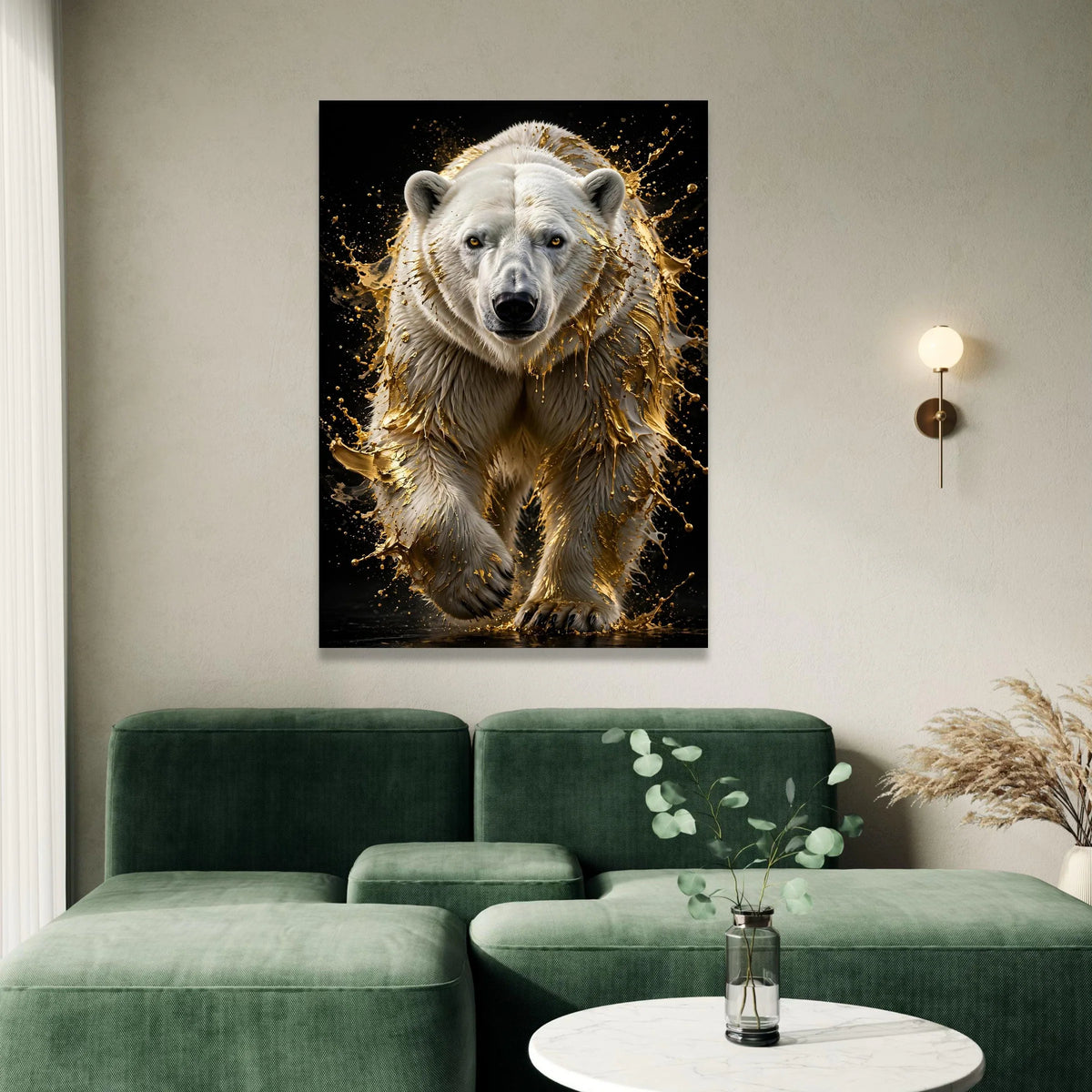 Majestic Polar Bear Canvas, Golden Splash Effect Wall Art, Wildlife Animal Portrait, Modern Home Decoration, Bold Nature Canvas Print Art