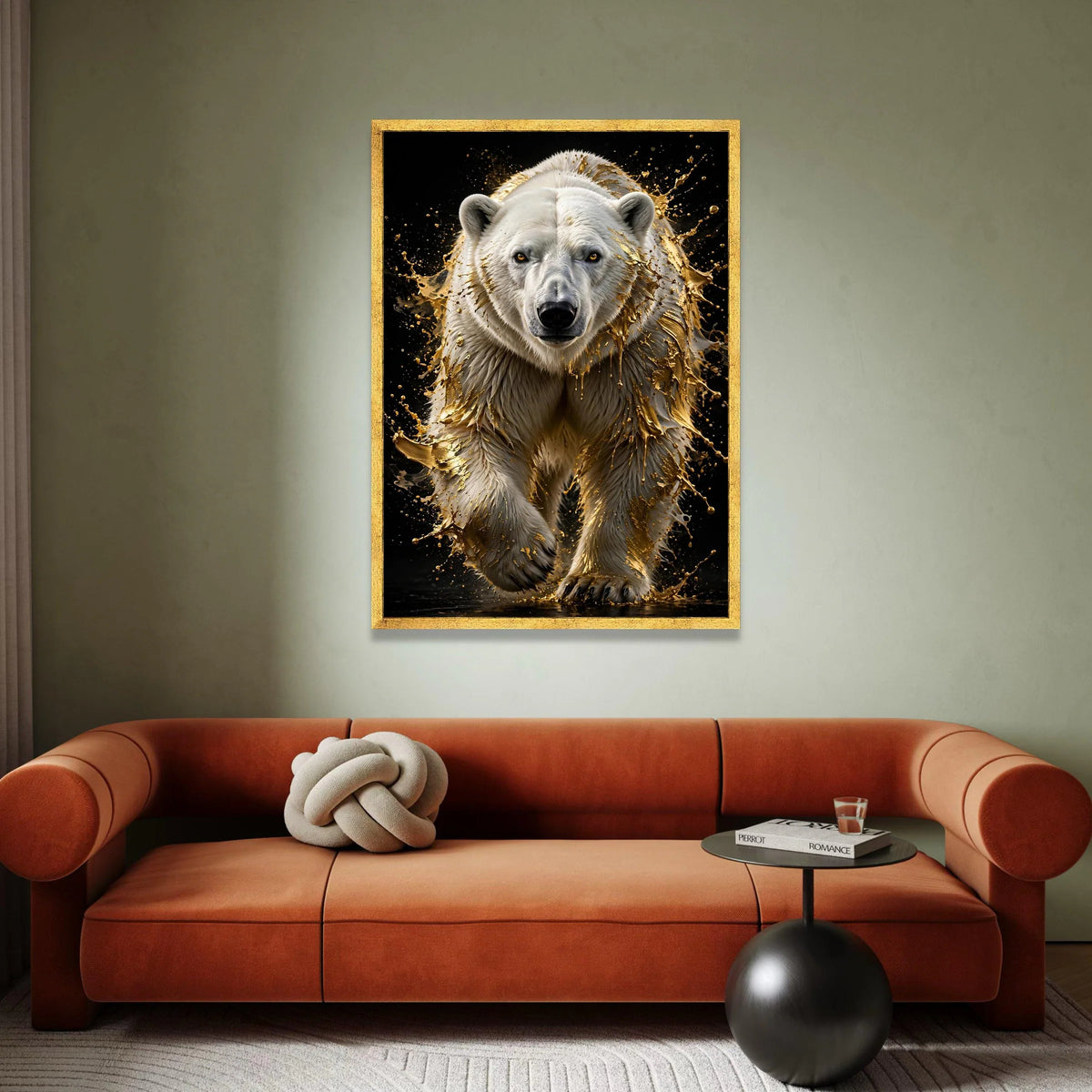 Majestic Polar Bear Canvas, Golden Splash Effect Wall Art, Wildlife Animal Portrait, Modern Home Decoration, Bold Nature Canvas Print Art