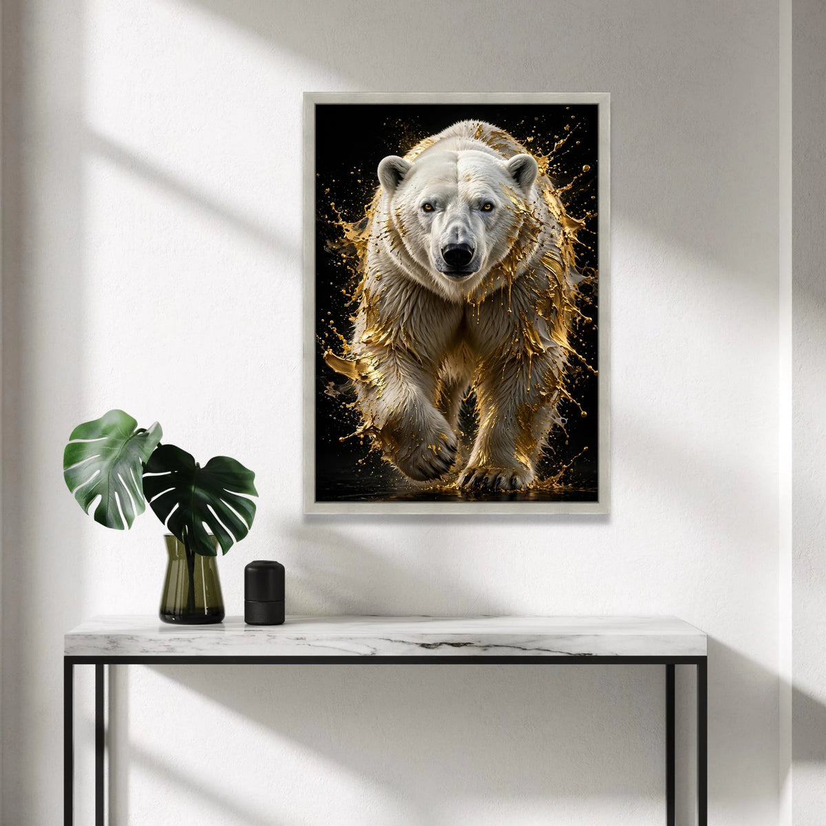 Majestic Polar Bear Canvas, Golden Splash Effect Wall Art, Wildlife Animal Portrait, Modern Home Decoration, Bold Nature Canvas Print Art