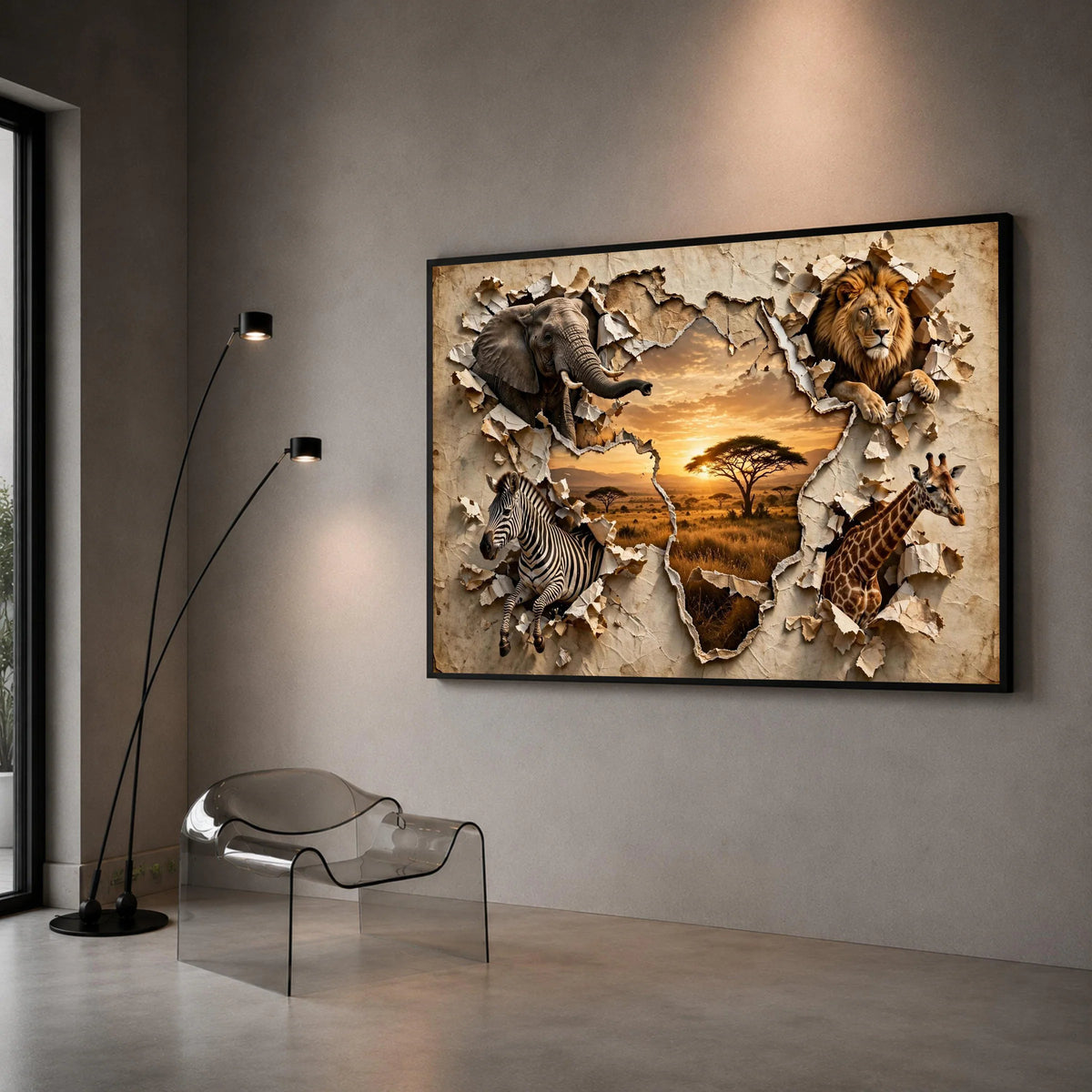African Safari Wildlife Canvas Wall Art, Lion Elephant Zebra Giraffe, Torn Paper Map Design, Sunset Landscape Canvas, Canvas Print Art