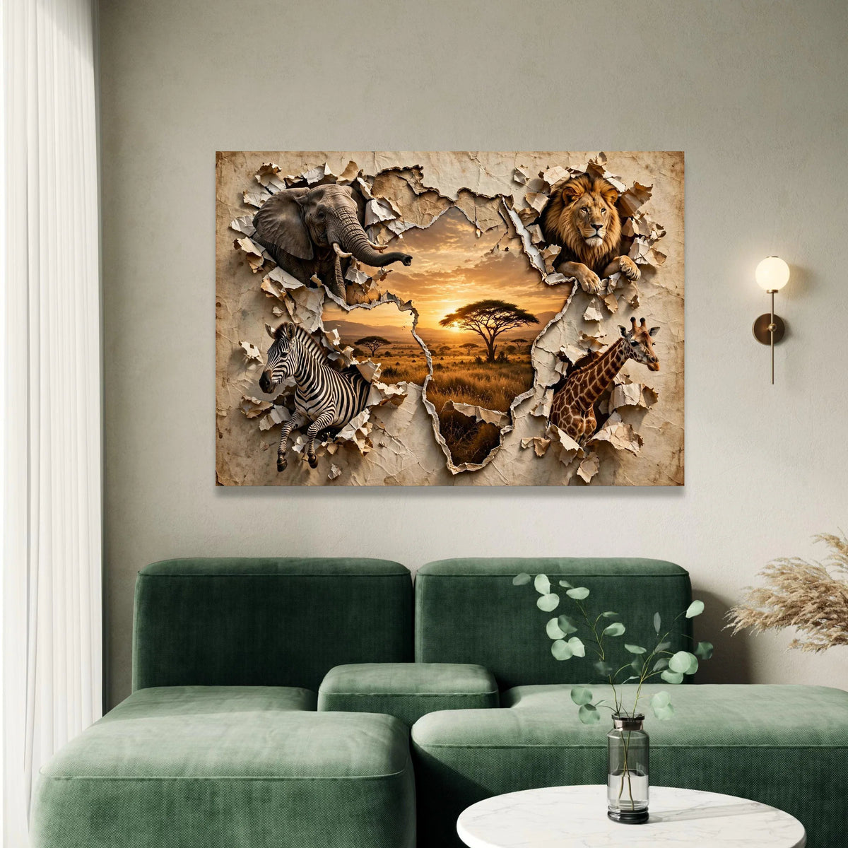 African Safari Wildlife Canvas Wall Art, Lion Elephant Zebra Giraffe, Torn Paper Map Design, Sunset Landscape Canvas, Canvas Print Art