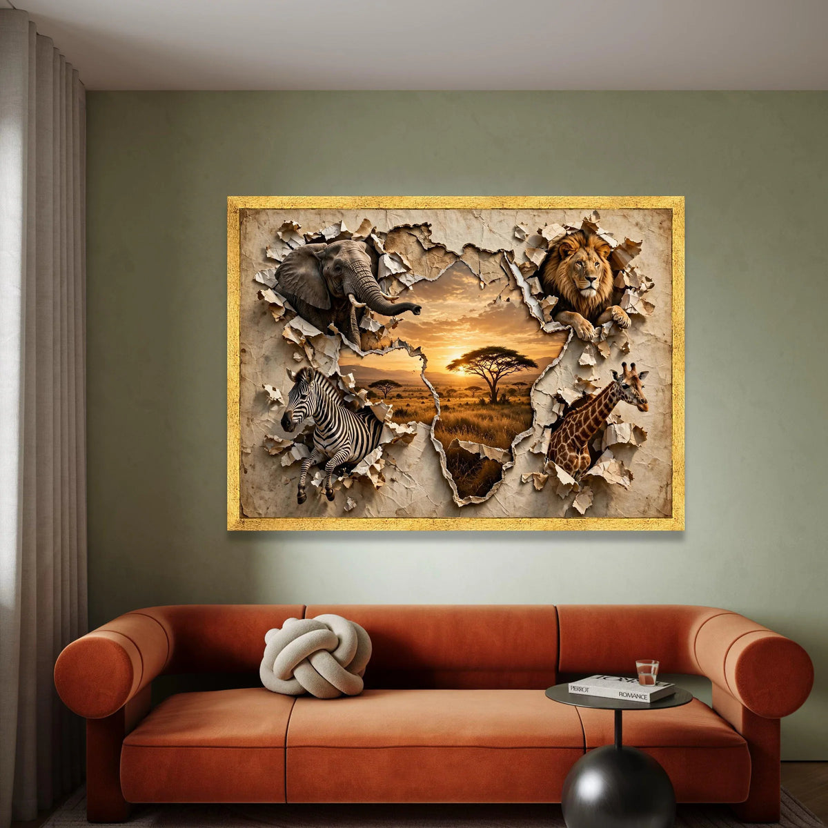 African Safari Wildlife Canvas Wall Art, Lion Elephant Zebra Giraffe, Torn Paper Map Design, Sunset Landscape Canvas, Canvas Print Art