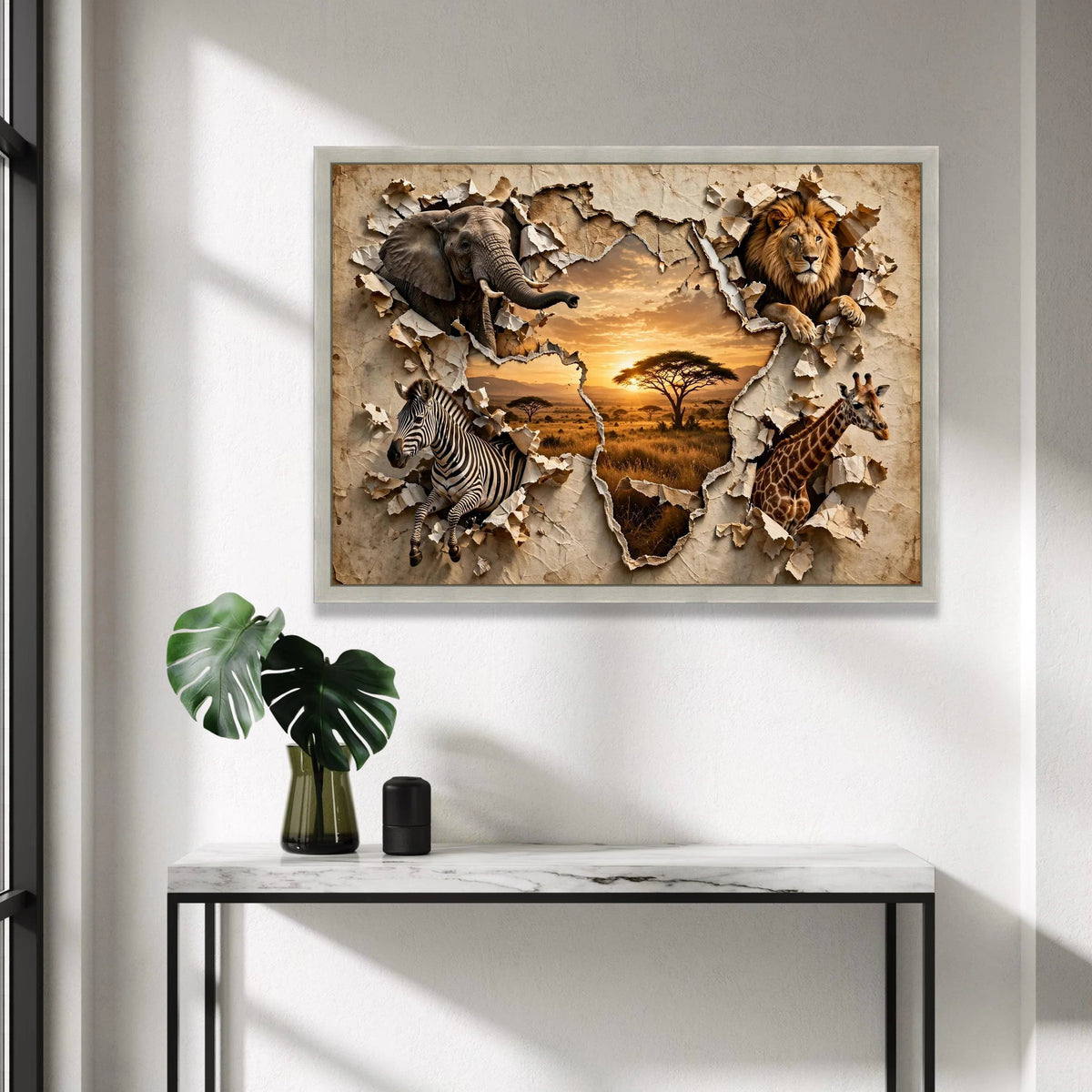 African Safari Wildlife Canvas Wall Art, Lion Elephant Zebra Giraffe, Torn Paper Map Design, Sunset Landscape Canvas, Canvas Print Art