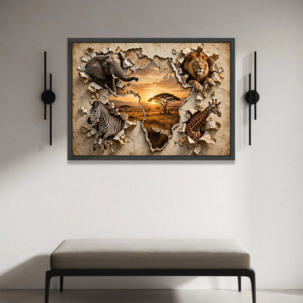African Safari Wildlife Canvas Wall Art, Lion Elephant Zebra Giraffe, Torn Paper Map Design, Sunset Landscape Canvas, Canvas Print Art