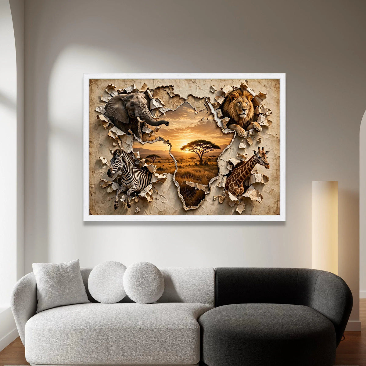 African Safari Wildlife Canvas Wall Art, Lion Elephant Zebra Giraffe, Torn Paper Map Design, Sunset Landscape Canvas, Canvas Print Art