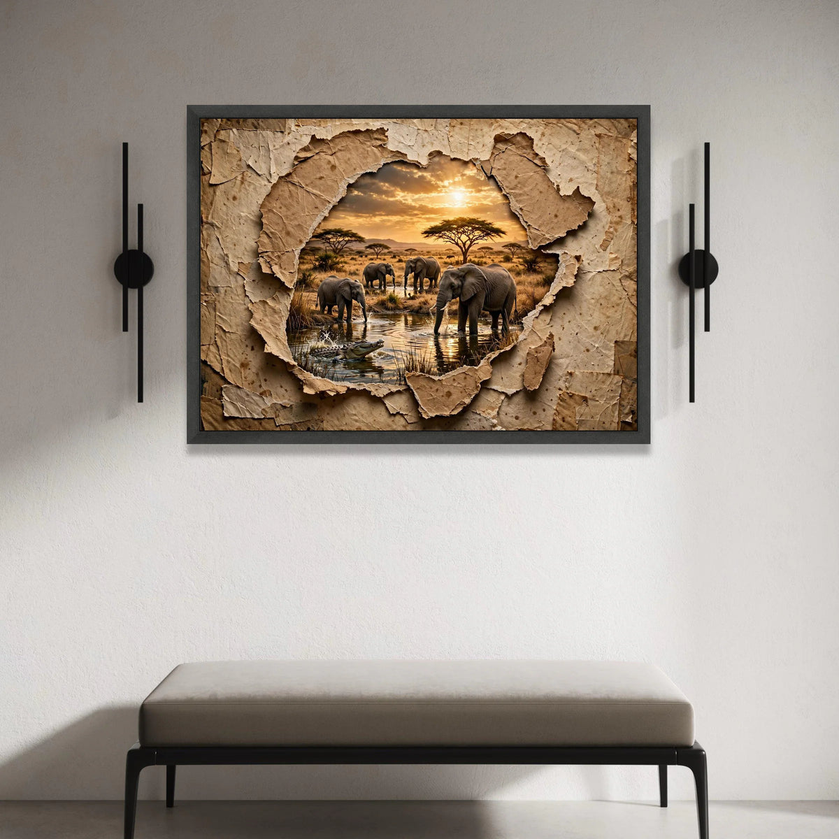 African Wildlife Scene Canvas, Elephants by Waterhole, Sunset Safari Wall Art, Nature Landscape Canvas, Animal Habitat Canvas Print Art