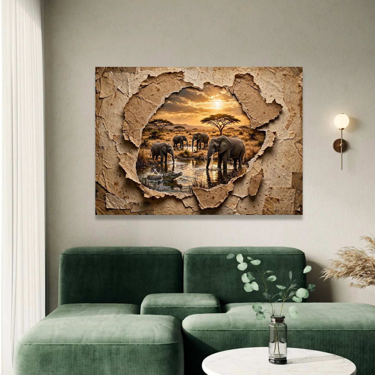 African Wildlife Scene Canvas, Elephants by Waterhole, Sunset Safari Wall Art, Nature Landscape Canvas, Animal Habitat Canvas Print Art