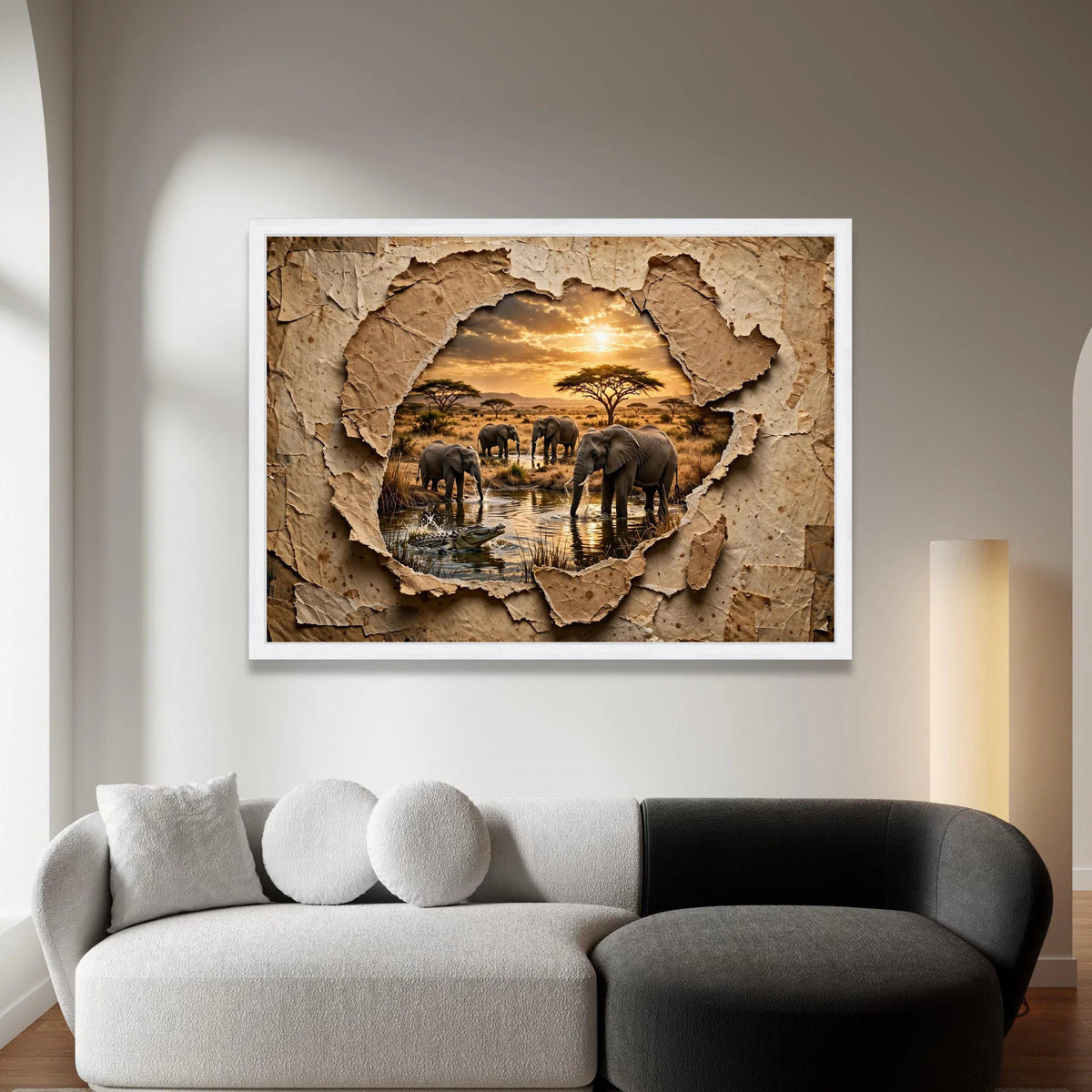 African Wildlife Scene Canvas, Elephants by Waterhole, Sunset Safari Wall Art, Nature Landscape Canvas, Animal Habitat Canvas Print Art