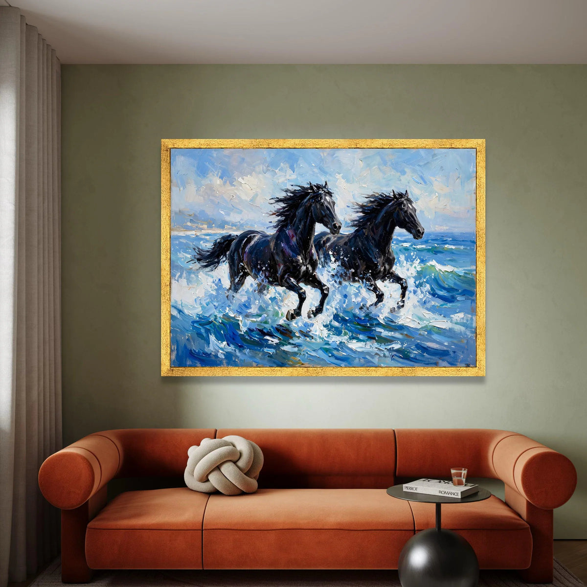 Majestic Black Horses Running Canvas, Ocean Wave Wall Art, Dynamic Animal Print, Coastal Home Decoration, Energetic Canvas Print Art