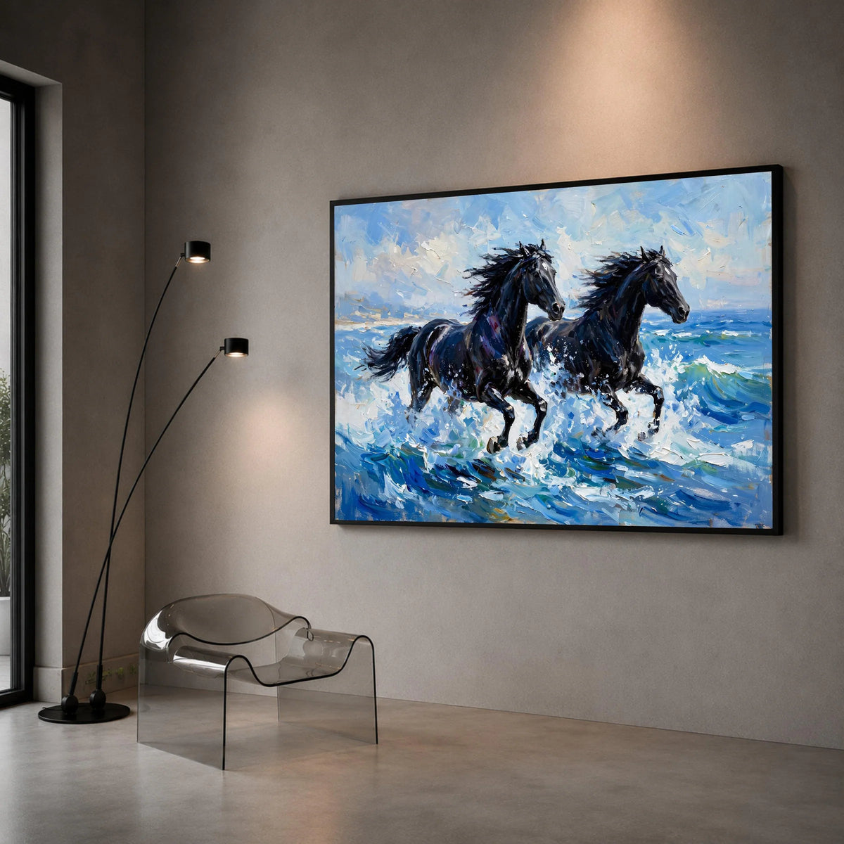 Majestic Black Horses Running Canvas, Ocean Wave Wall Art, Dynamic Animal Print, Coastal Home Decoration, Energetic Canvas Print Art