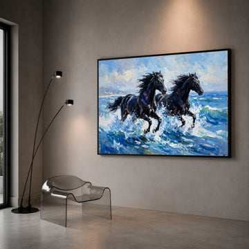 Majestic Black Horses Running Canvas, Ocean Wave Wall Art, Dynamic Animal Print, Coastal Home Decoration, Energetic Canvas Print Art
