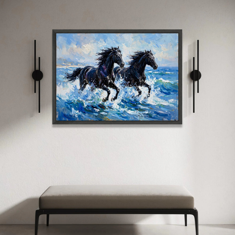 Majestic Black Horses Running Canvas, Ocean Wave Wall Art, Dynamic Animal Print, Coastal Home Decoration, Energetic Canvas Print Art