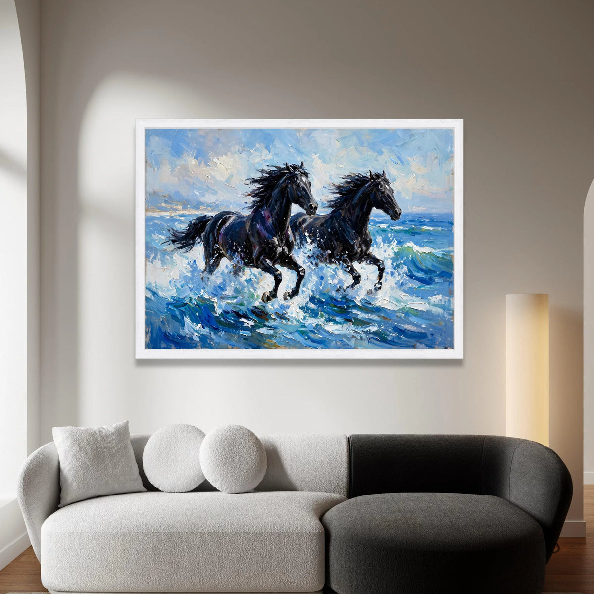 Majestic Black Horses Running Canvas, Ocean Wave Wall Art, Dynamic Animal Print, Coastal Home Decoration, Energetic Canvas Print Art