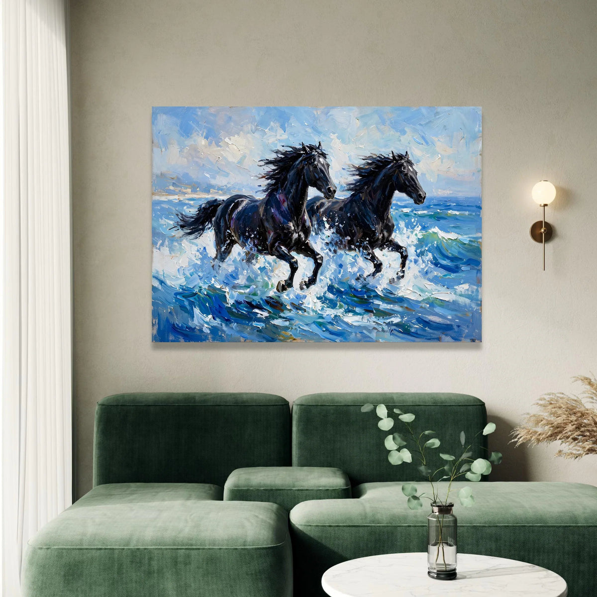 Majestic Black Horses Running Canvas, Ocean Wave Wall Art, Dynamic Animal Print, Coastal Home Decoration, Energetic Canvas Print Art