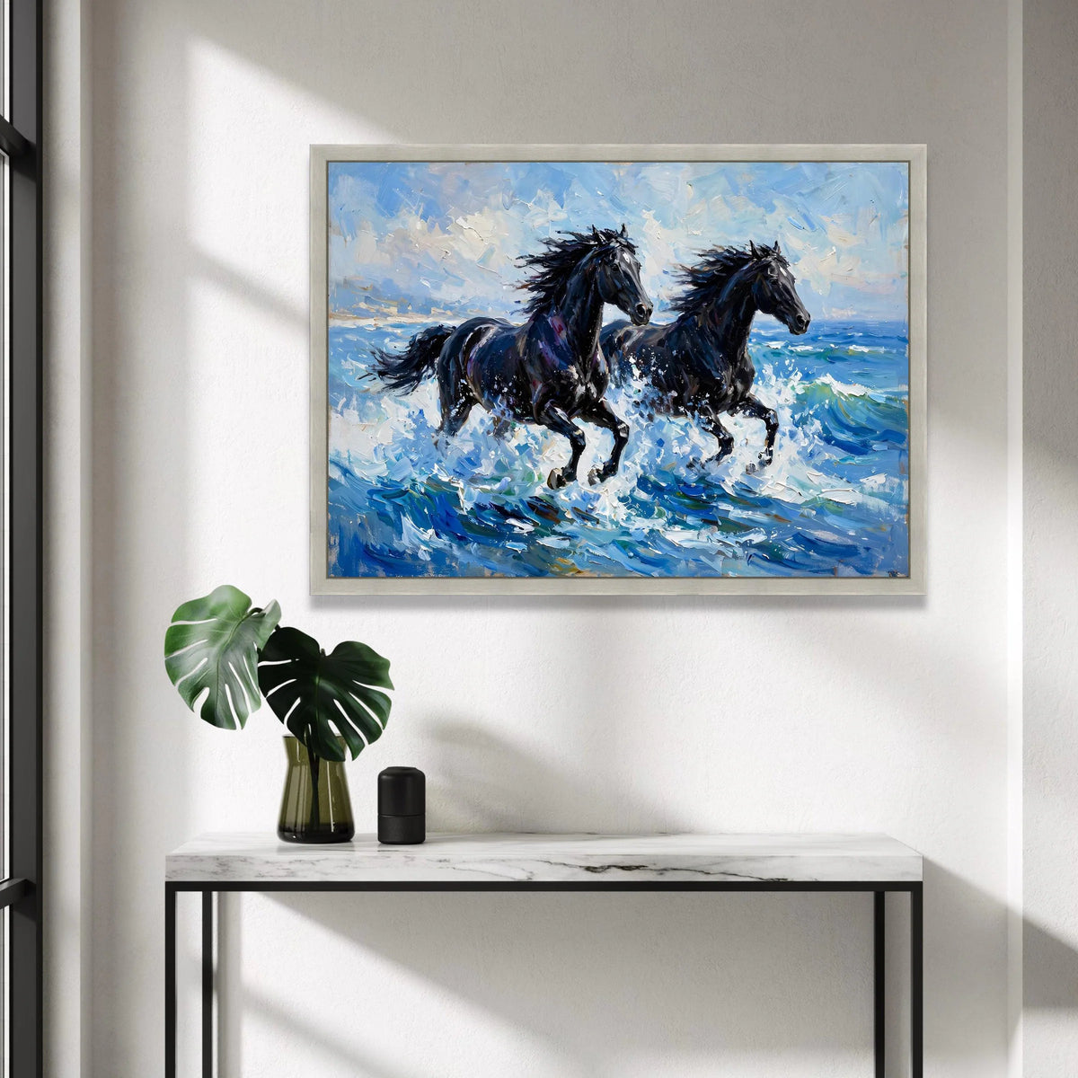 Majestic Black Horses Running Canvas, Ocean Wave Wall Art, Dynamic Animal Print, Coastal Home Decoration, Energetic Canvas Print Art