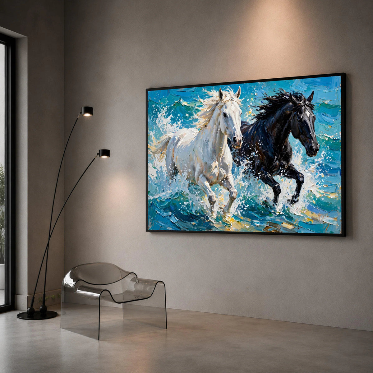 Running Horses Canvas Wall Art, White and Black Horses Painting, Energetic Animal Decor, Dynamic Nature Canvas, Home Wall Canvas Print Art