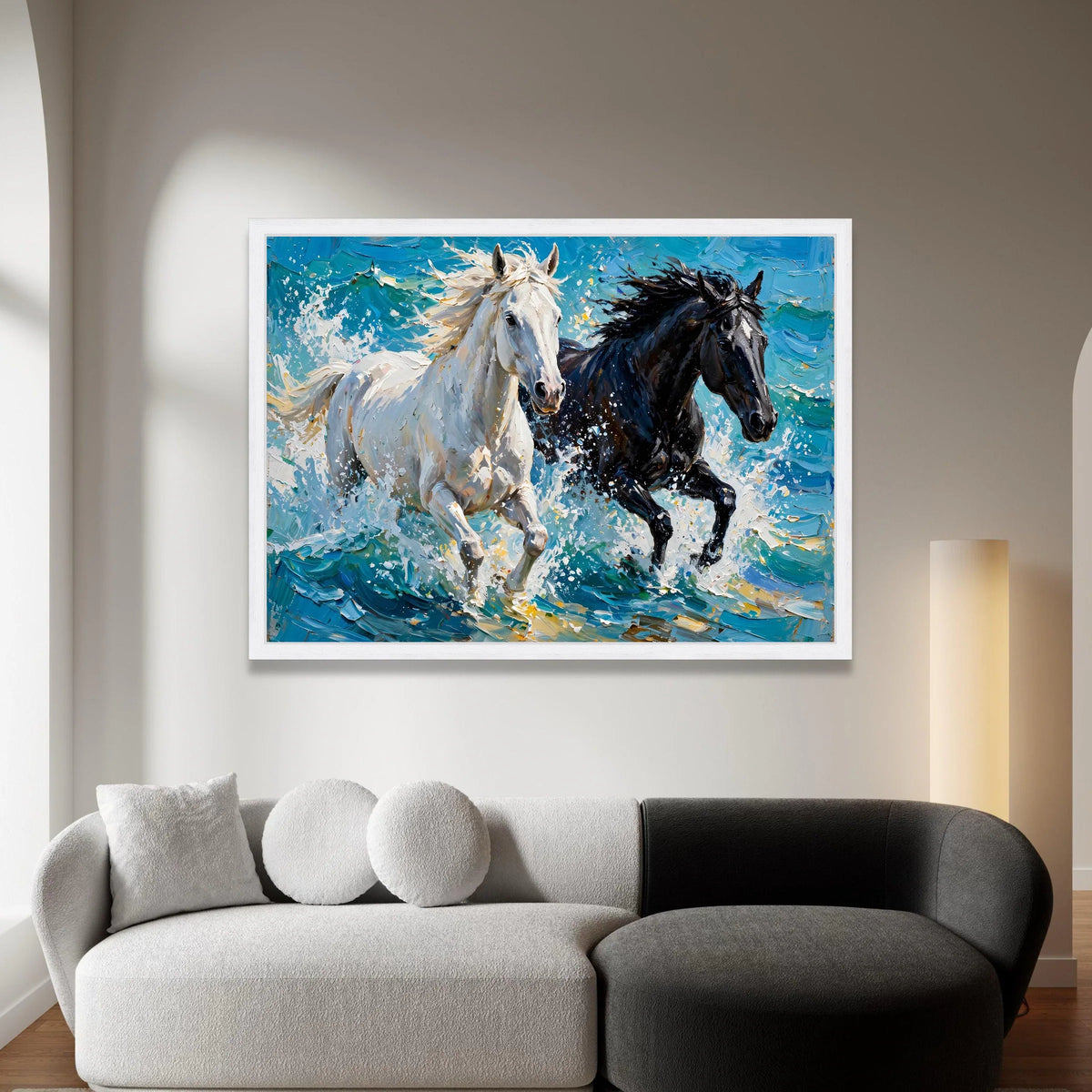 Running Horses Canvas Wall Art, White and Black Horses Painting, Energetic Animal Decor, Dynamic Nature Canvas, Home Wall Canvas Print Art