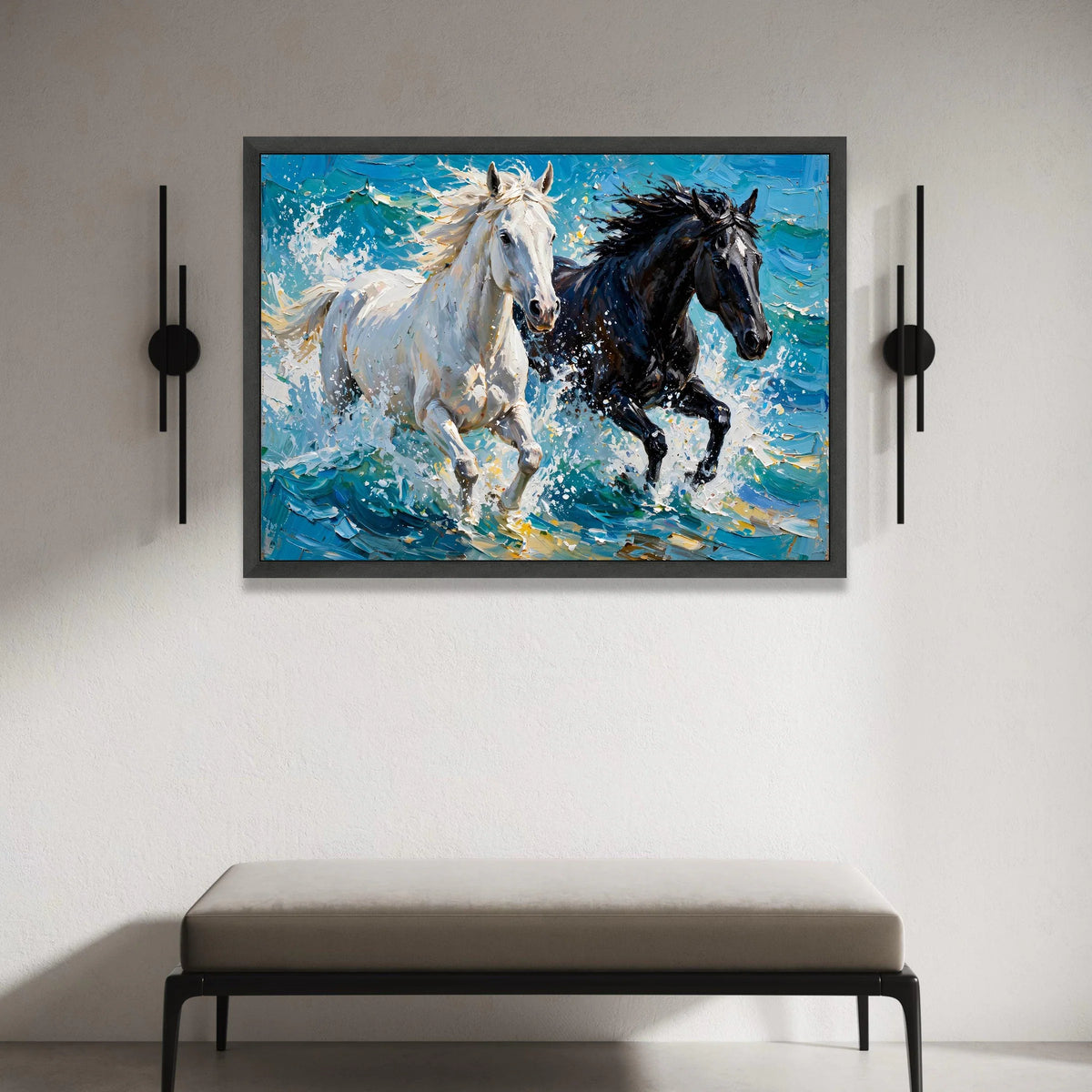 Running Horses Canvas Wall Art, White and Black Horses Painting, Energetic Animal Decor, Dynamic Nature Canvas, Home Wall Canvas Print Art