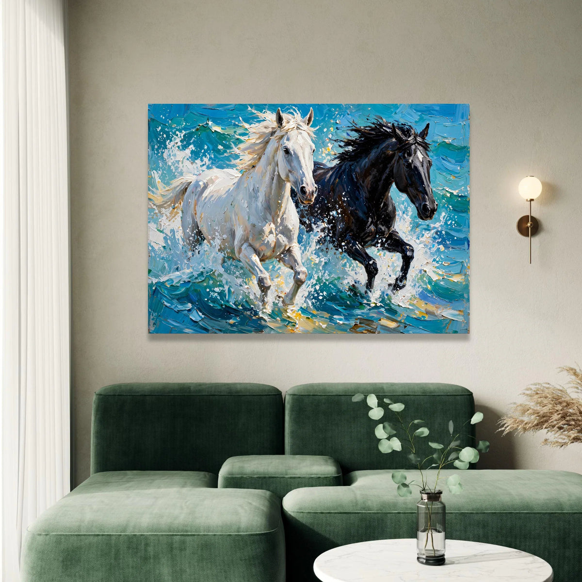 Running Horses Canvas Wall Art, White and Black Horses Painting, Energetic Animal Decor, Dynamic Nature Canvas, Home Wall Canvas Print Art