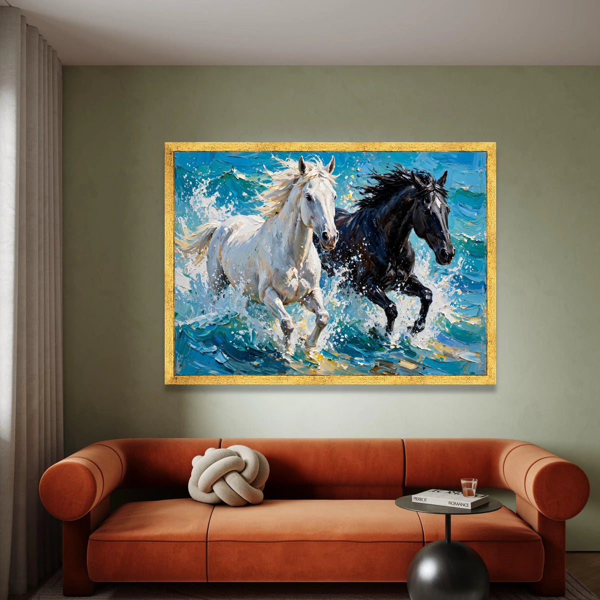 Running Horses Canvas Wall Art, White and Black Horses Painting, Energetic Animal Decor, Dynamic Nature Canvas, Home Wall Canvas Print Art