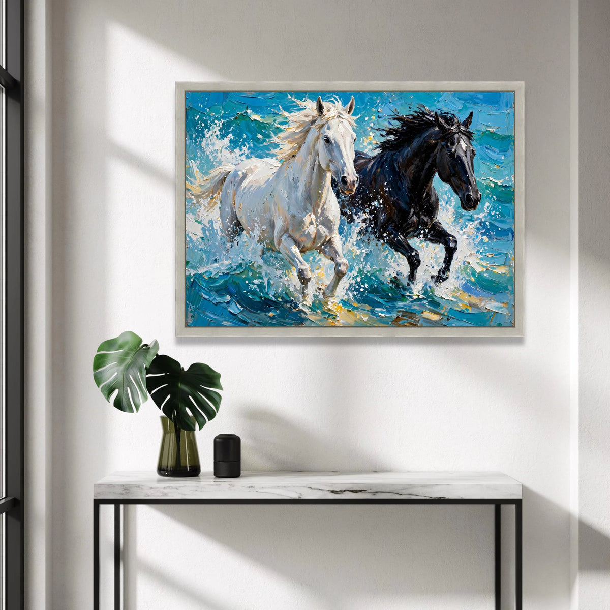 Running Horses Canvas Wall Art, White and Black Horses Painting, Energetic Animal Decor, Dynamic Nature Canvas, Home Wall Canvas Print Art