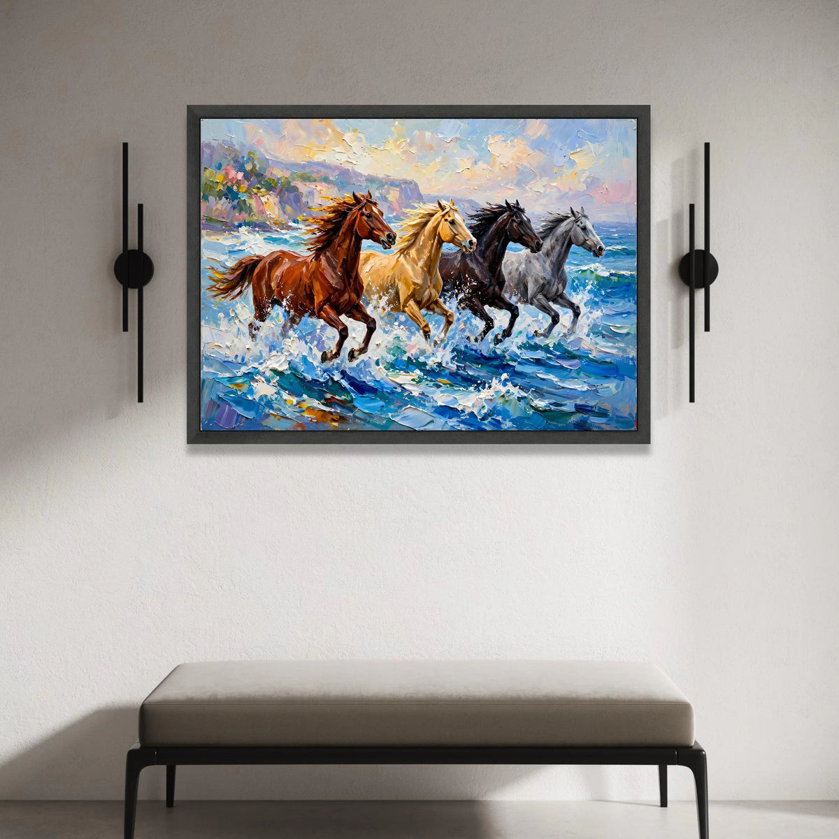 Running Horses by Ocean Canvas, Wild Horse Wall Art, Seaside Nature Canvas, Dynamic Animal Artwork, Home Decor Canvas Canvas Print Art